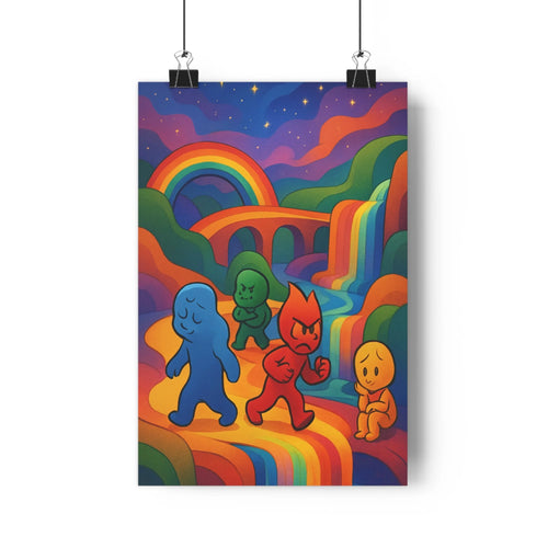 Poster personnages colorés émotion arcen-ciel paysage fantastique montagnes ondulantes ciel étoilé ambiance joyeuse cartoon chambre salon