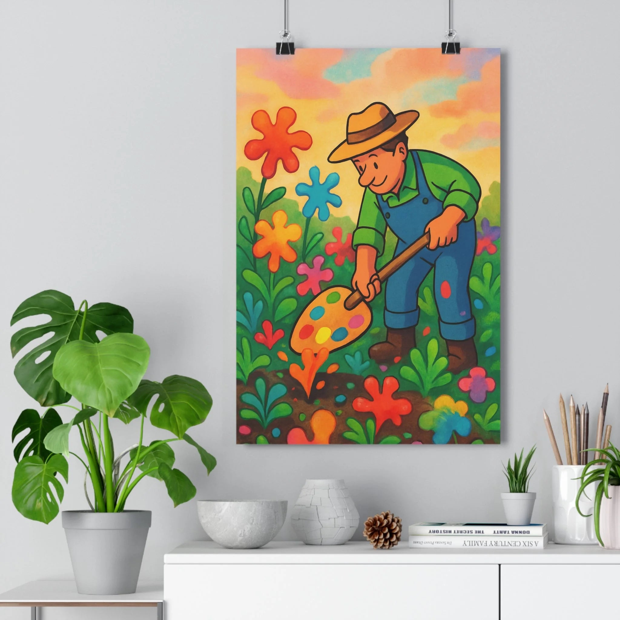 Poster décoratif jardin peinture couleurs vives artistique joyeux salon chambre enfant moderne palette jardinier