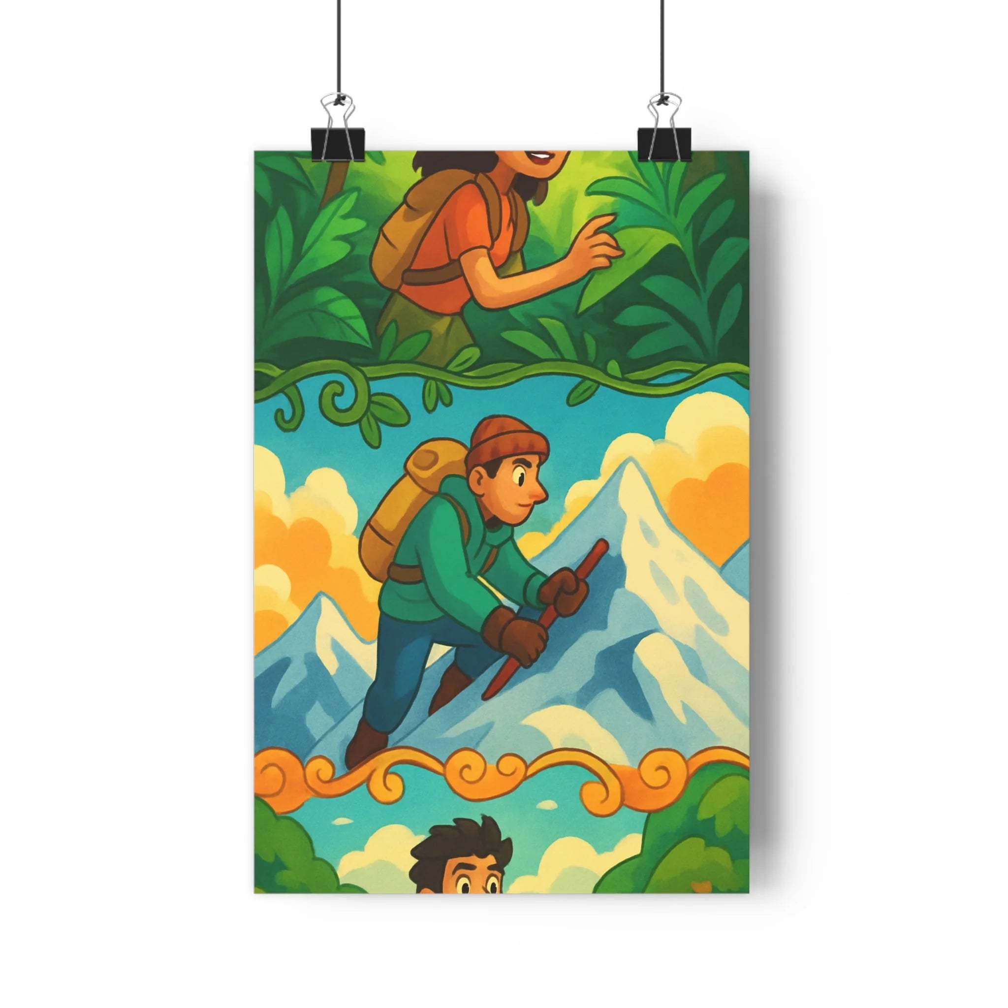 Poster décoratif aventure exploration cartoon vert bleu joyeux chambre salon bureau mural vibrant lumineux