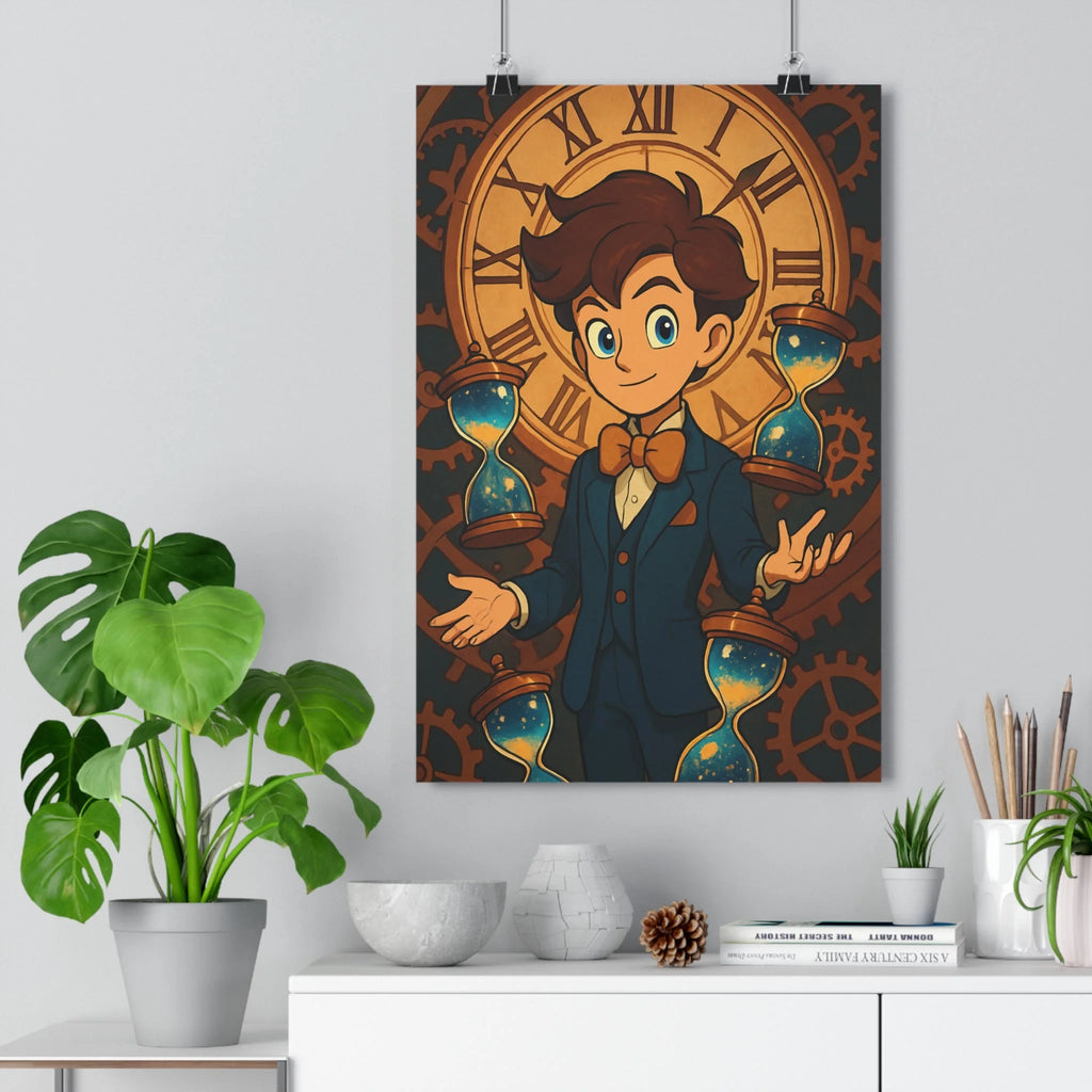 Poster décoratif steampunk élégant bleu cuivre bureau mystique horloge rouages magique homme sabliers décoration
