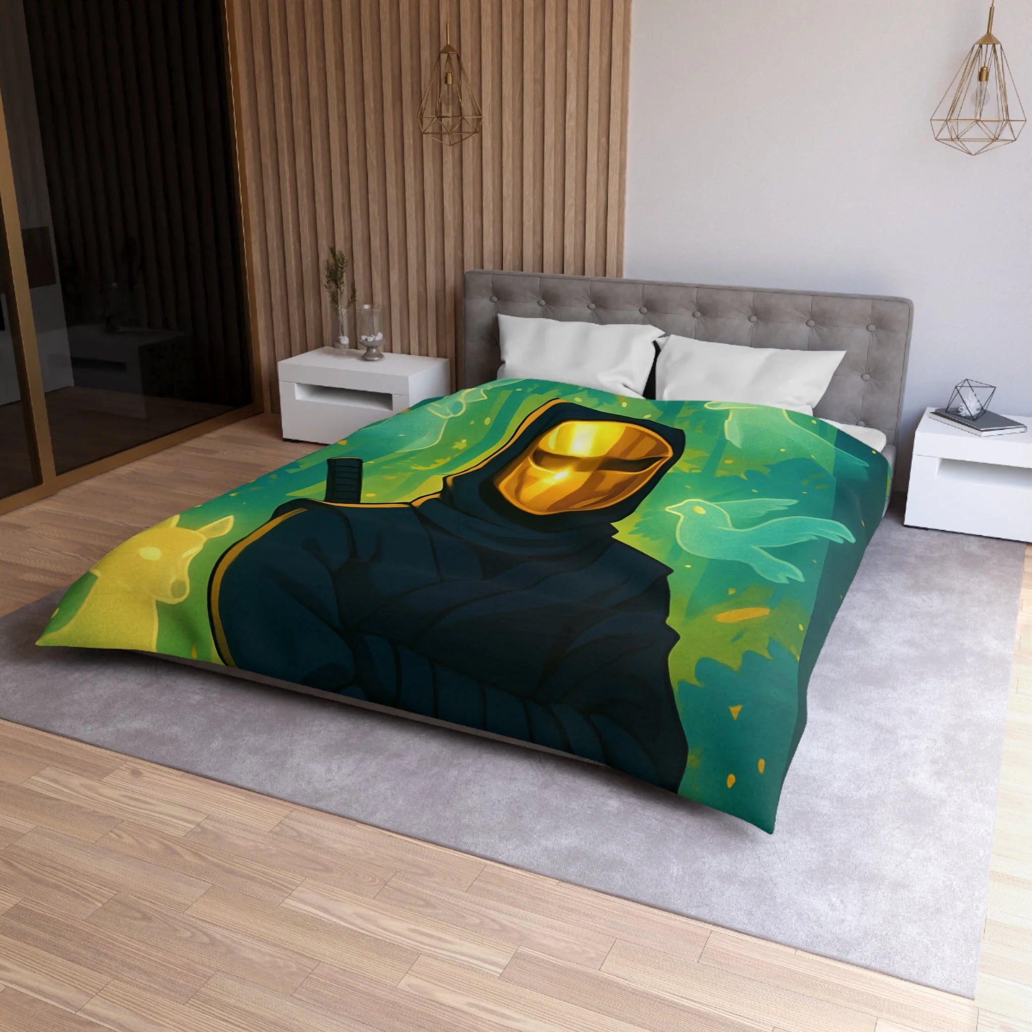 Housse de couette ninja doré avec animaux mystiques et forêts enchantées lumineuses