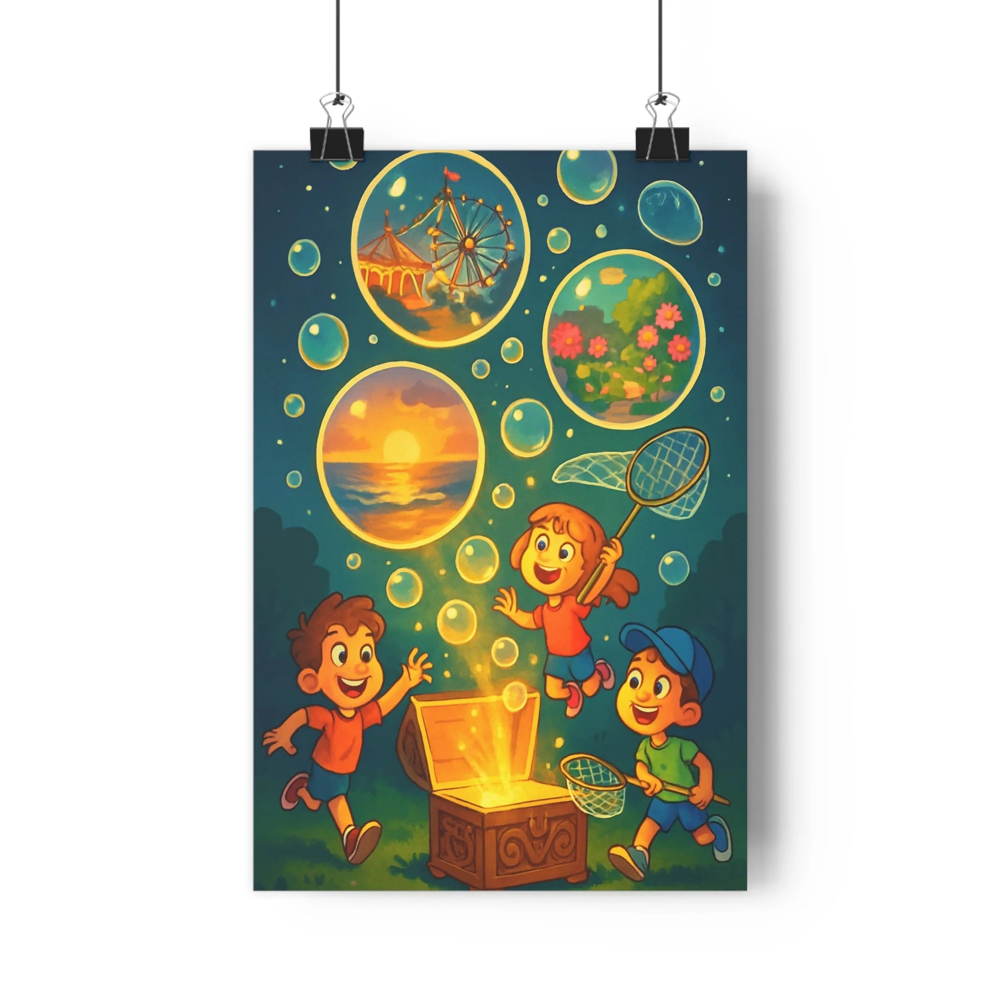 Poster décoratif enfants joyeux lumineux féerique chambre enfant dessin animé couleurs vives magique enchanté