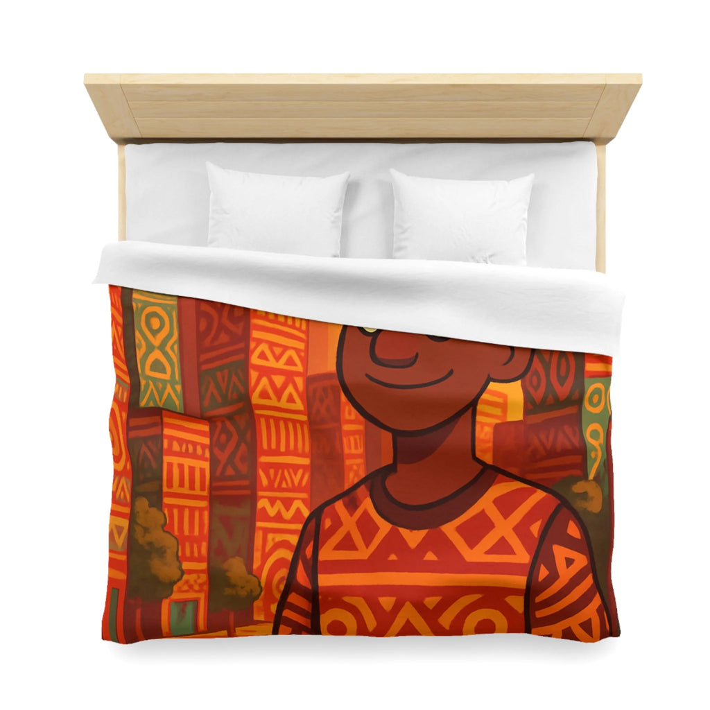 Housse de Couette Personnage Souriant avec Motifs Géométriques et Gratte-Ciel Colorés