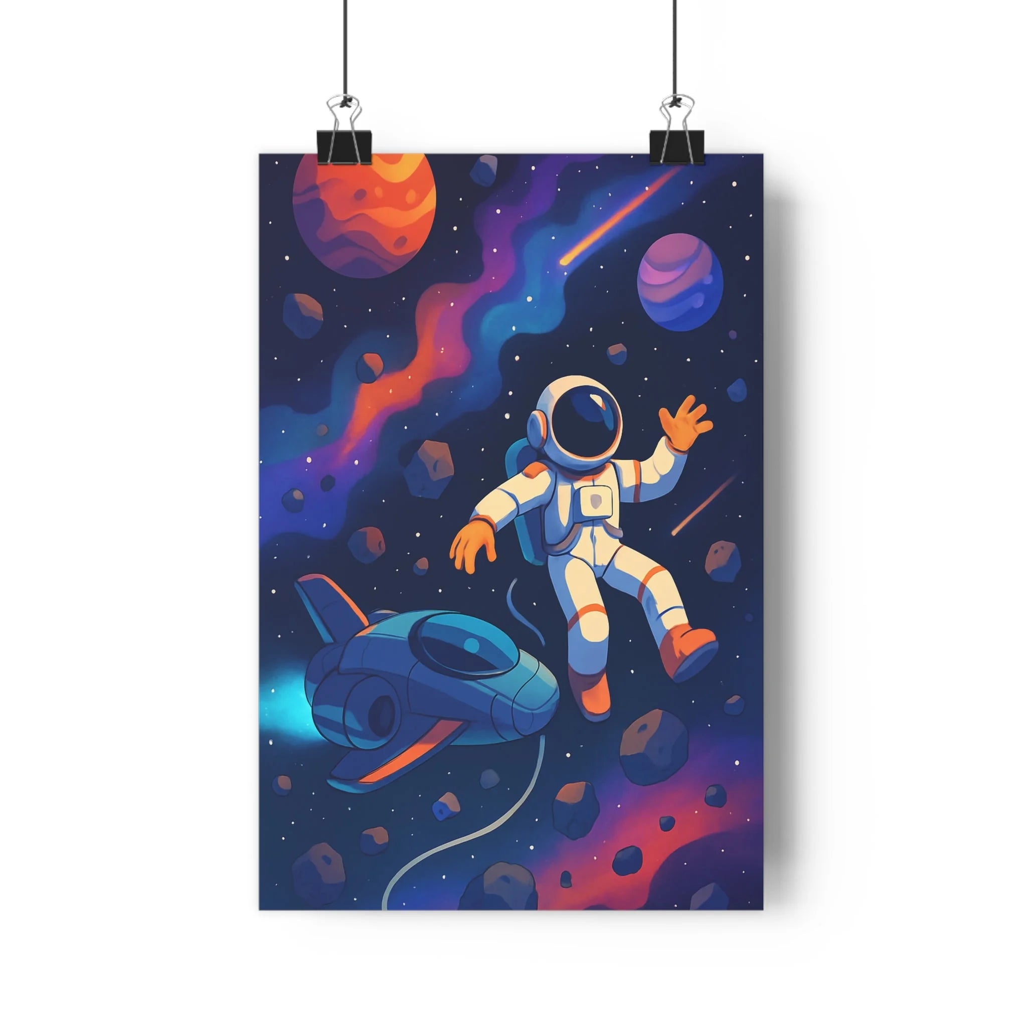 Poster décoratif aventure galactique couleurs vives bleu violet orange cartoon ludique enfant chambre astronaute