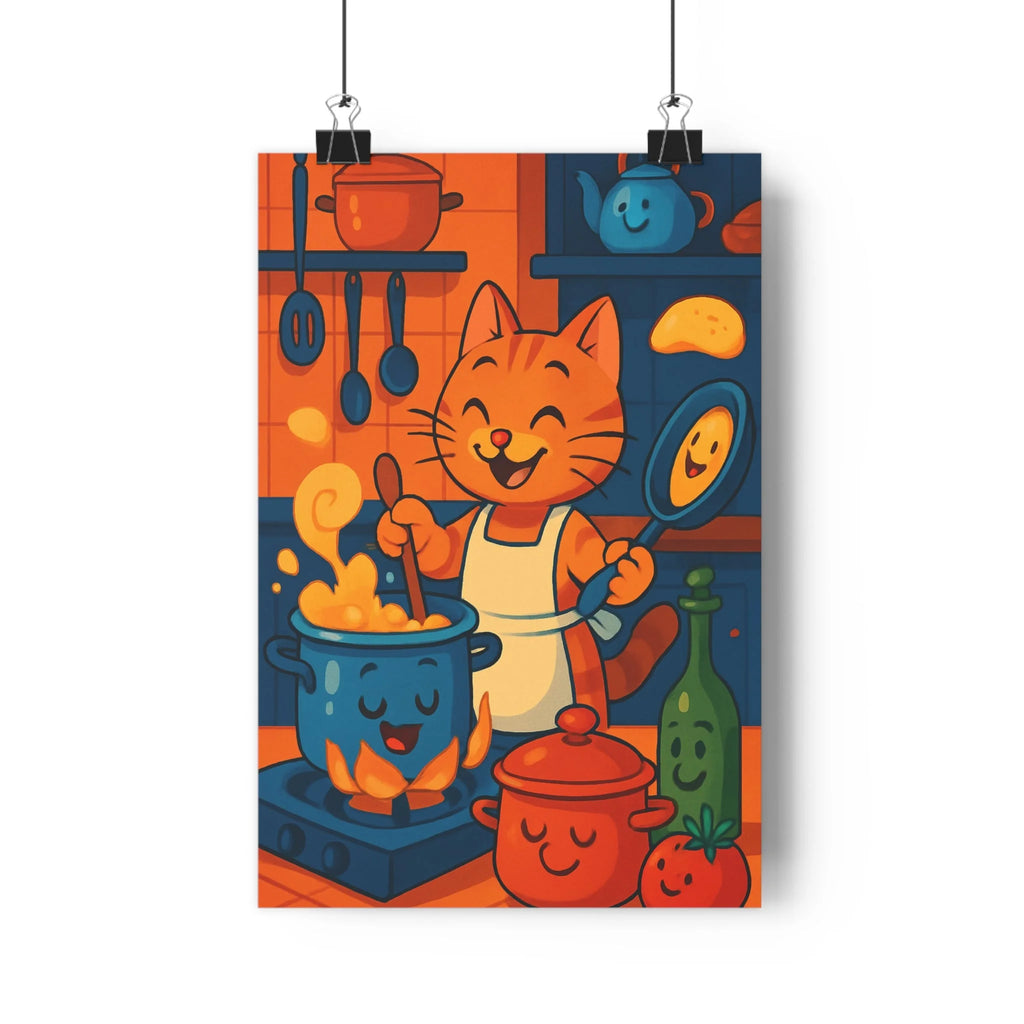 Poster décoratif joyeux cuisine chat cartoon bleu orange enfant chambre magie amusant chaleureux unique