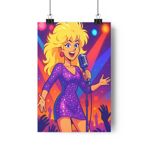 Poster chanteuse micro violet lumières colorées mains levées plantes décoratives ambiance festive style cartoon dynamique joyeux chambre salon