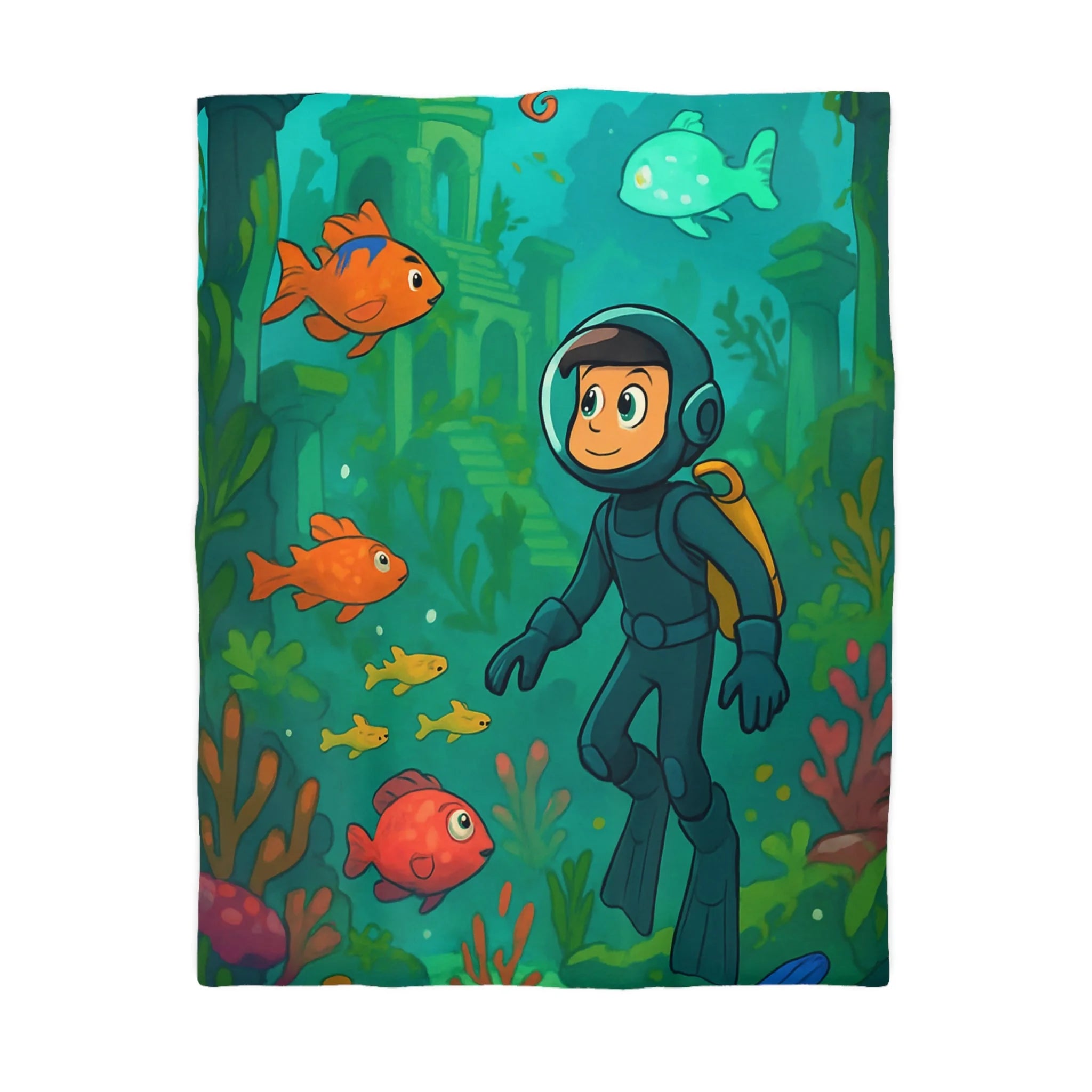 Plongée sous-marine enfantine avec poissons colorés et ruines anciennes, aventure océanique artistique