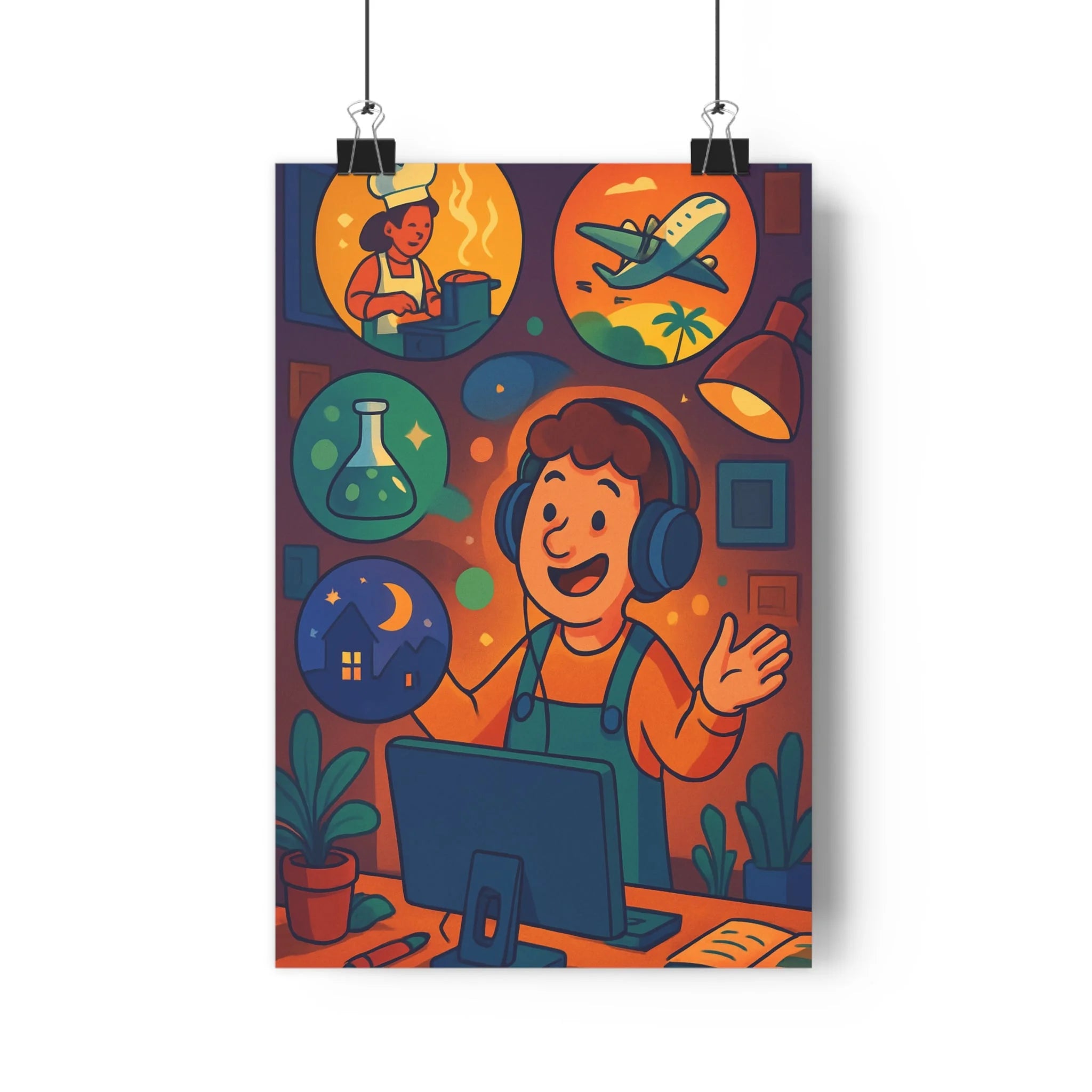 Poster décoratif cartoon bleu orange ambiance créative bureau art vibrant passion casque ordinateur qualité
