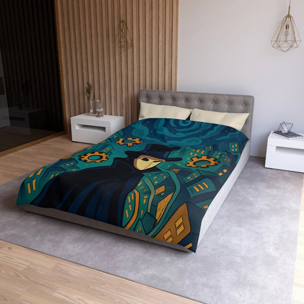 Housse de couette mystérieuse avec personnage masqué, engrenages dorés et ville nocturne