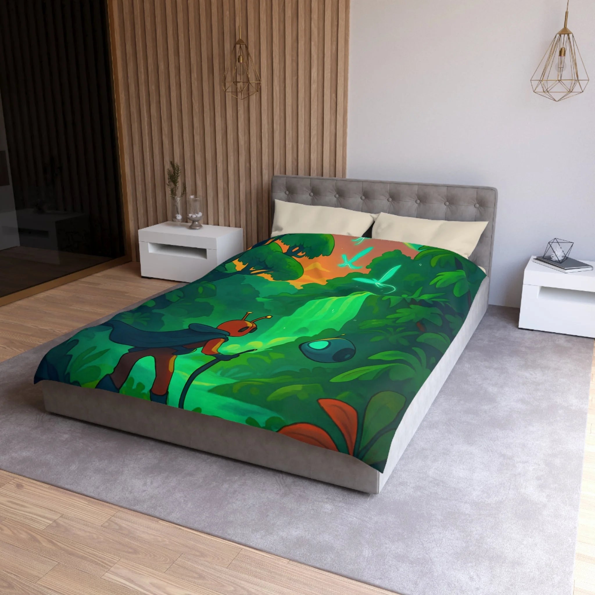 Housse de couette vibrante avec paysage extraterrestre mystérieux et personnage aventurier