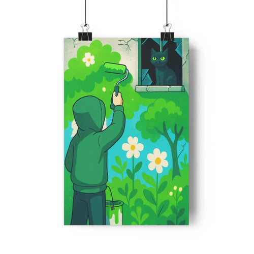 Poster peintre mural fleur chat yeux lumineux arbustes fleurs blanches arbre vert ambiance créative humour déco chambre salon simple coloré