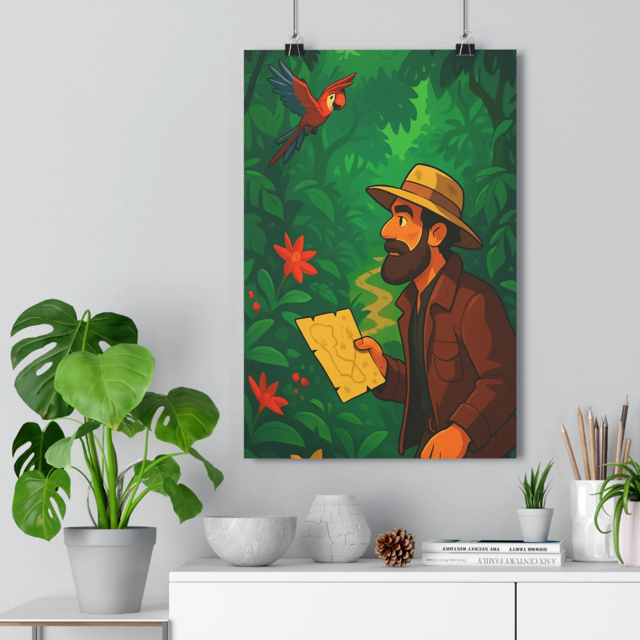 Poster décoratif vibrant aventure forêt vert rouge dessin animé chambre enfant joyeux 30x46 cm