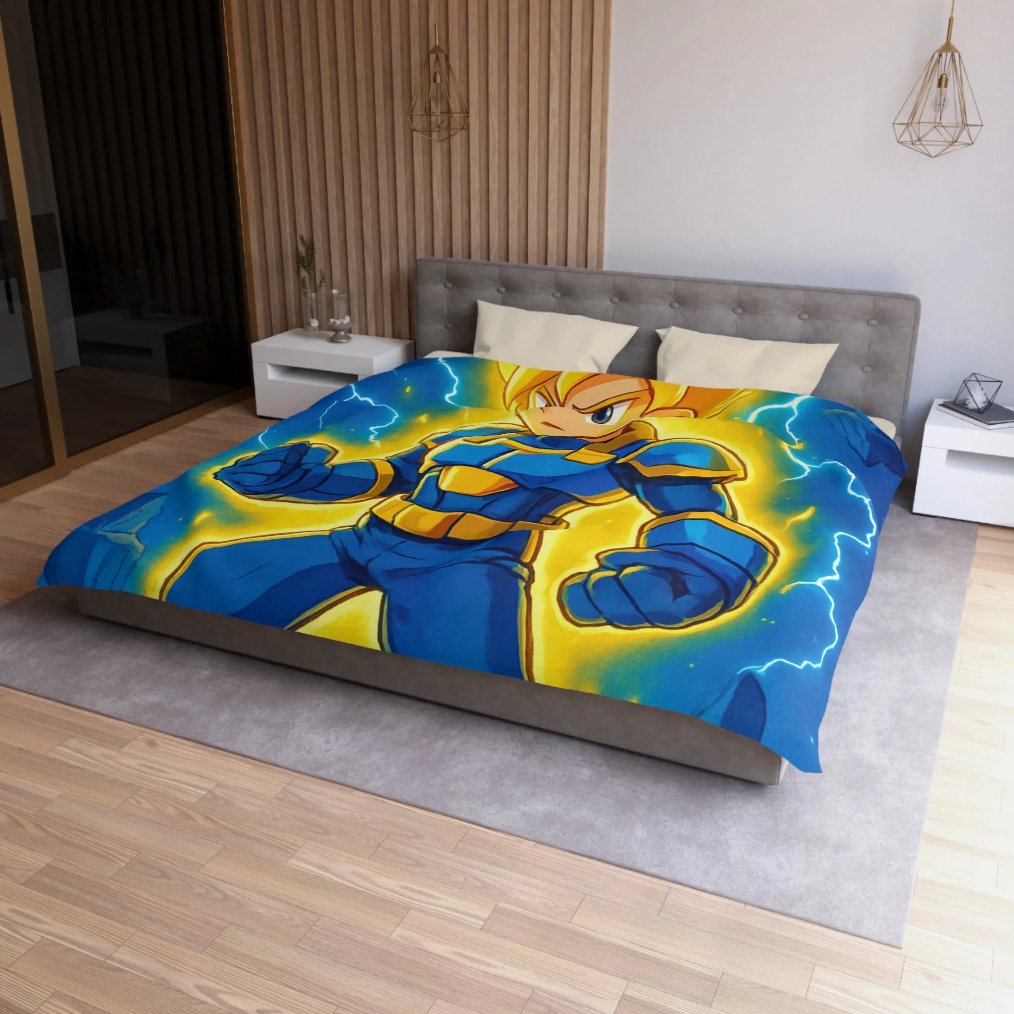 Housse de couette vibrante avec héros en armure bleue et rayons lumineux intenses