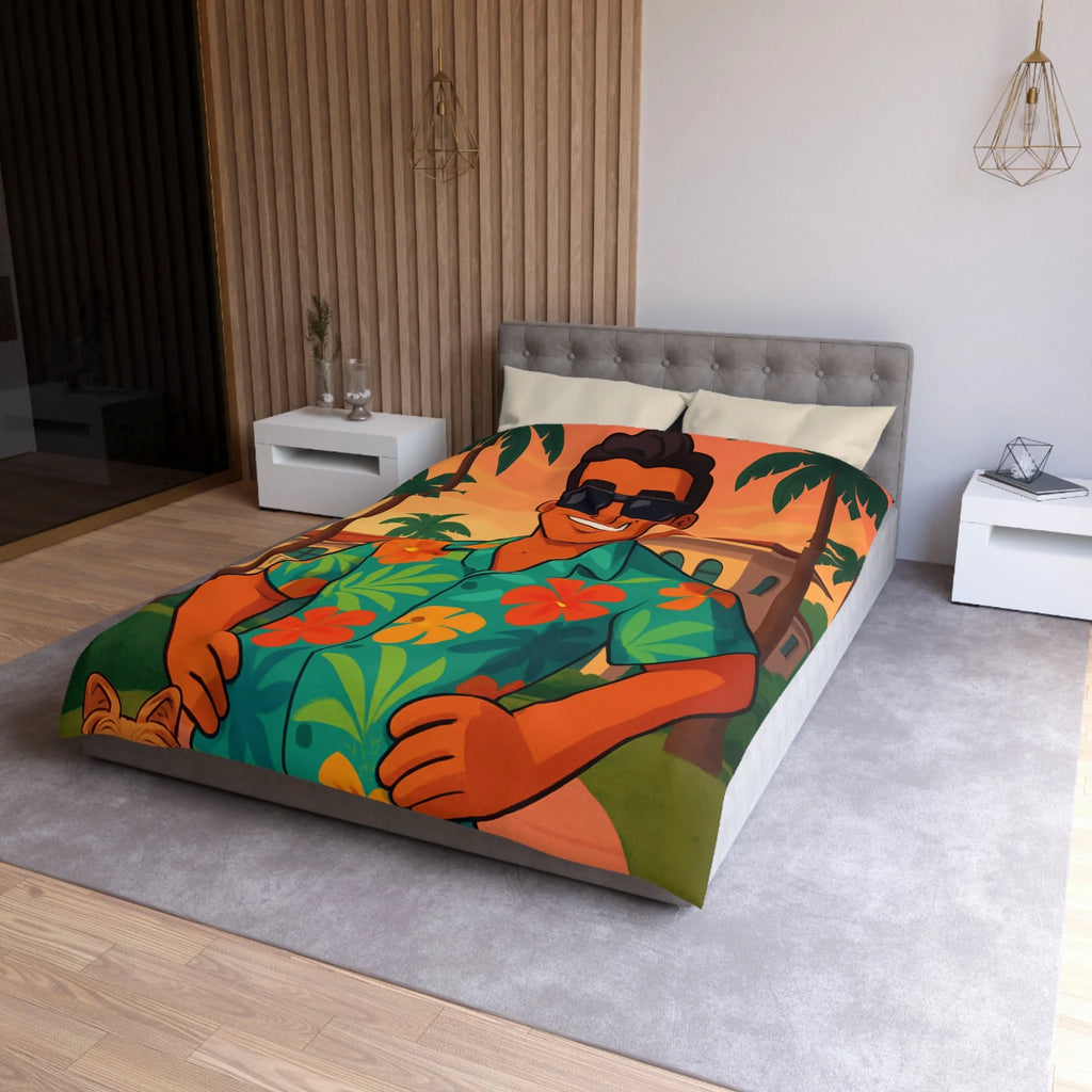 Housse de couette tropicale avec personnage souriant en chemise hawaïenne et palmiers
