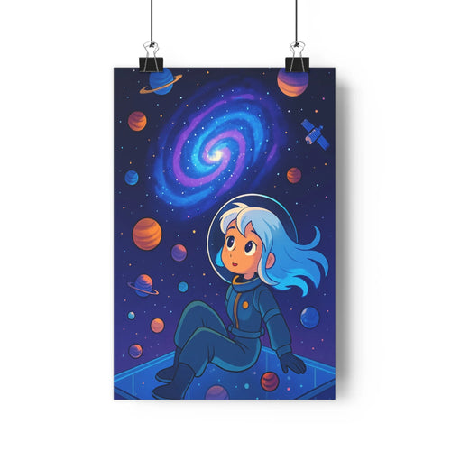 Poster astronaute espace structure spatiale plante verte étagère livres galaxie spirale planètes colorées ciel étoilé technologie future ambiance cartoon bleu