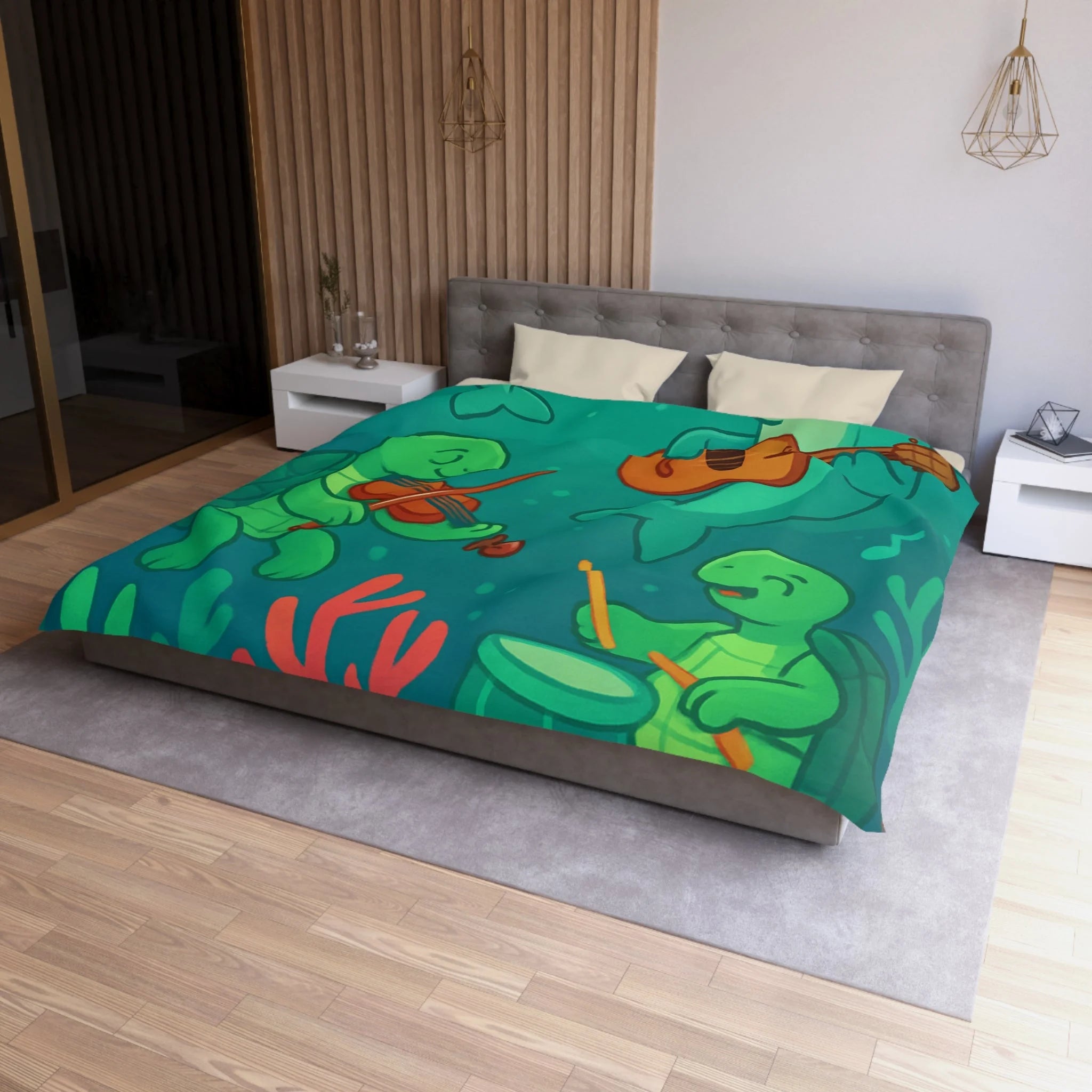 Housse de couette sous-marine avec dauphins et tortues jouant de la musique joyeuse