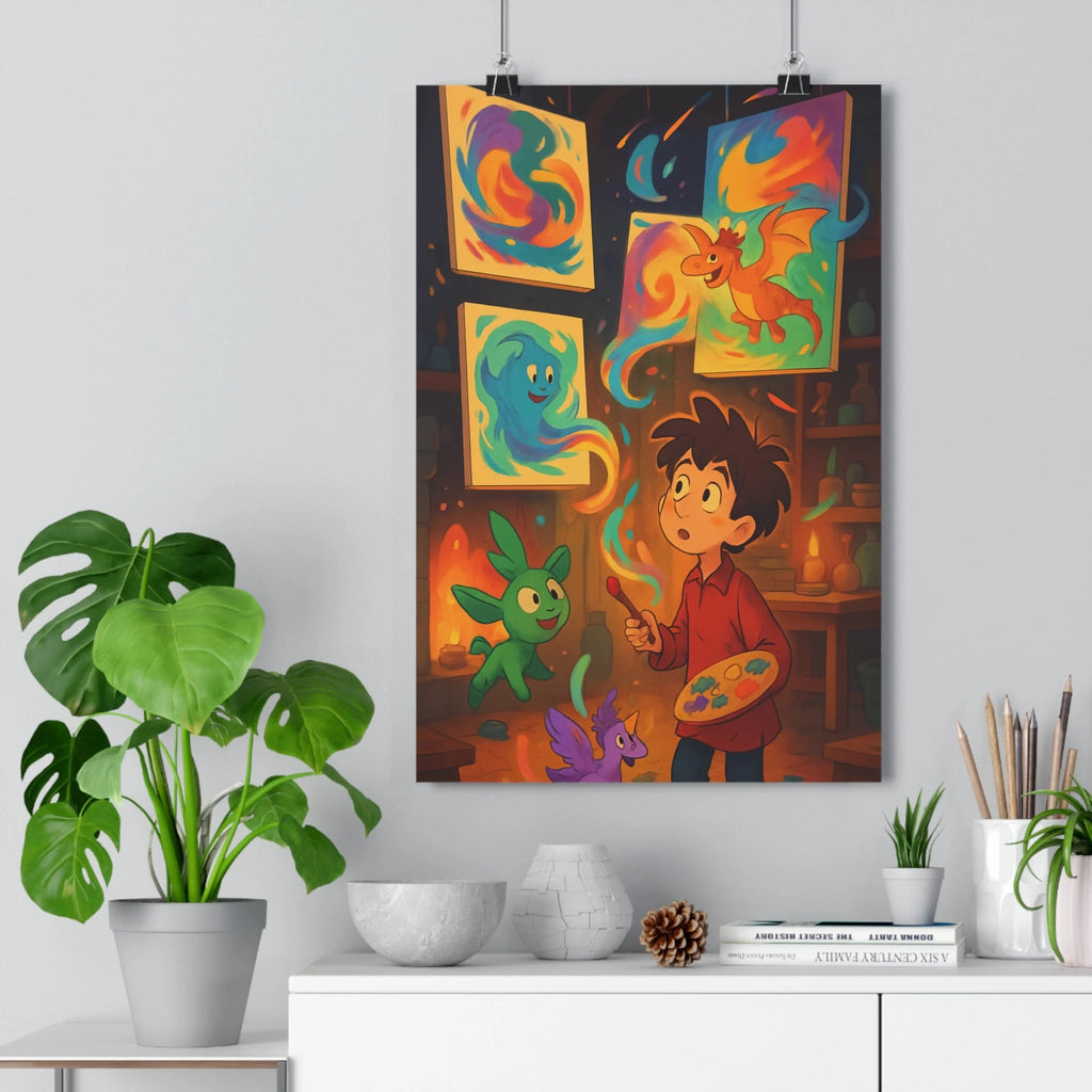 Poster décoratif enchanté fantastique coloré joyeux enfant créatures artistiques magique dragon bleu orange chambre