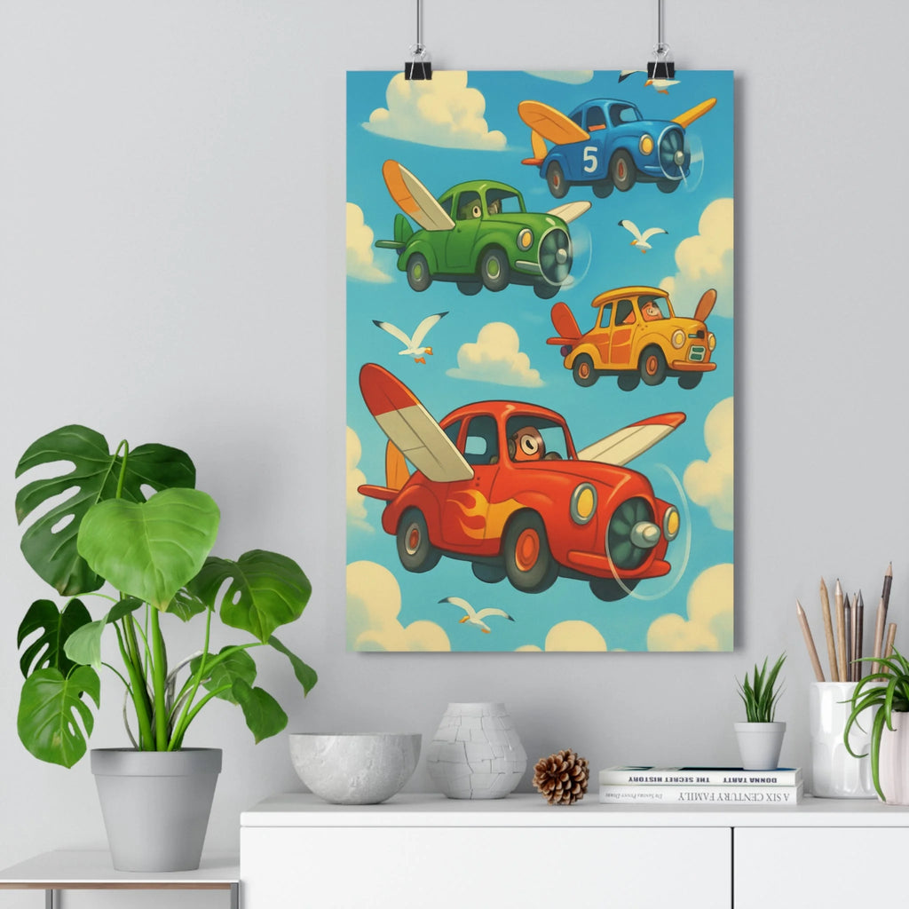 Poster décoratif rétrofuturiste voitures volantes vert bleu rouge salon chambre ludique aérien coloré qualité