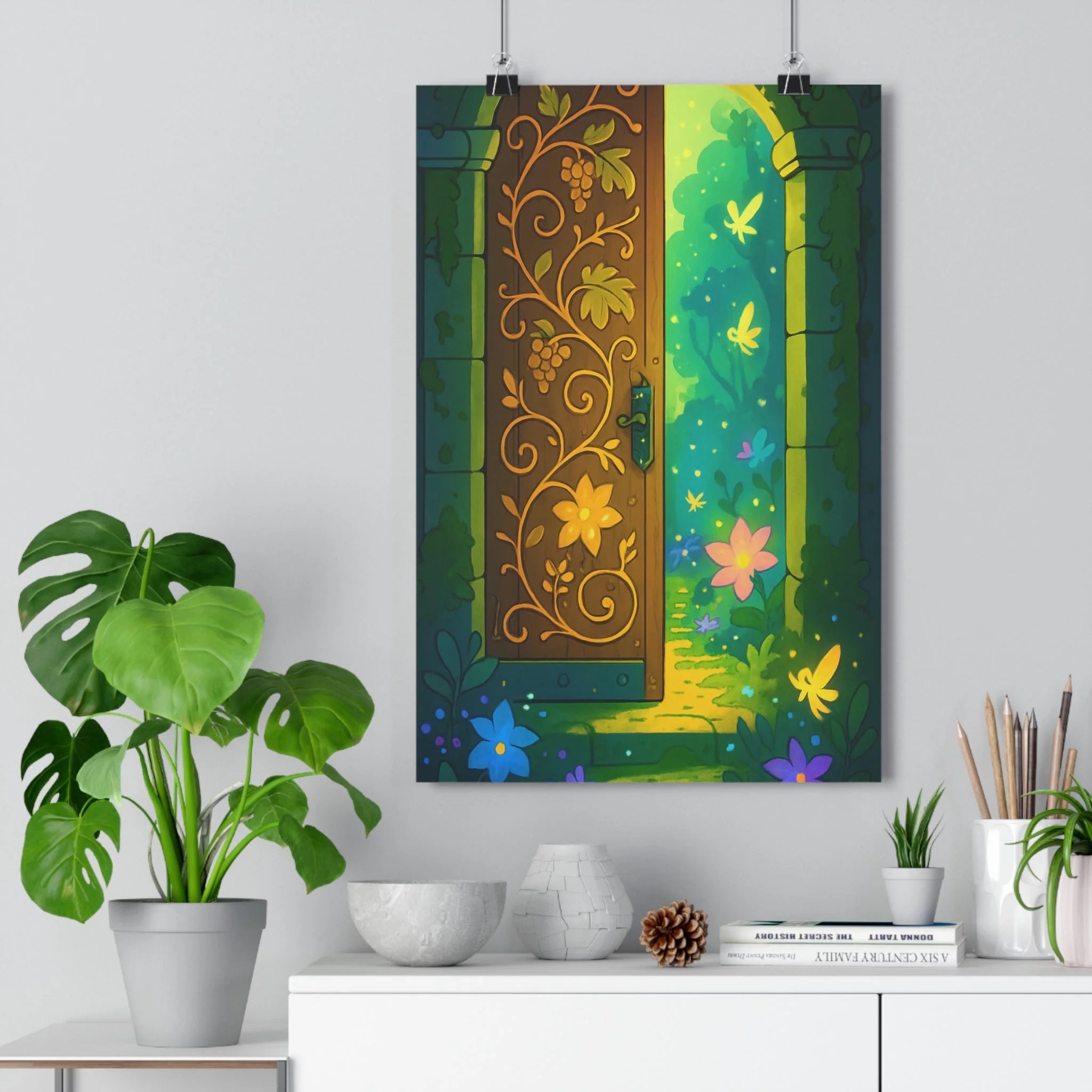 Poster décoratif fantaisie vert bleu jaune magique mystique salon chambre enfant nature créature enchanté