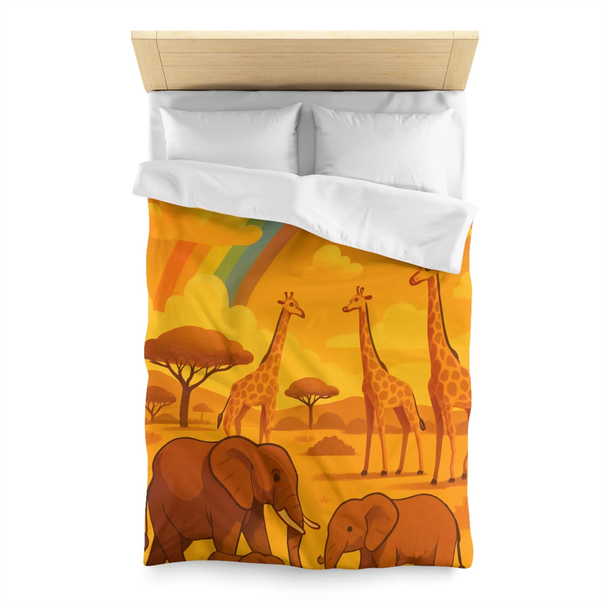 Housse de couette safari enfant avec éléphants, girafes et arc-en-ciel vibrant