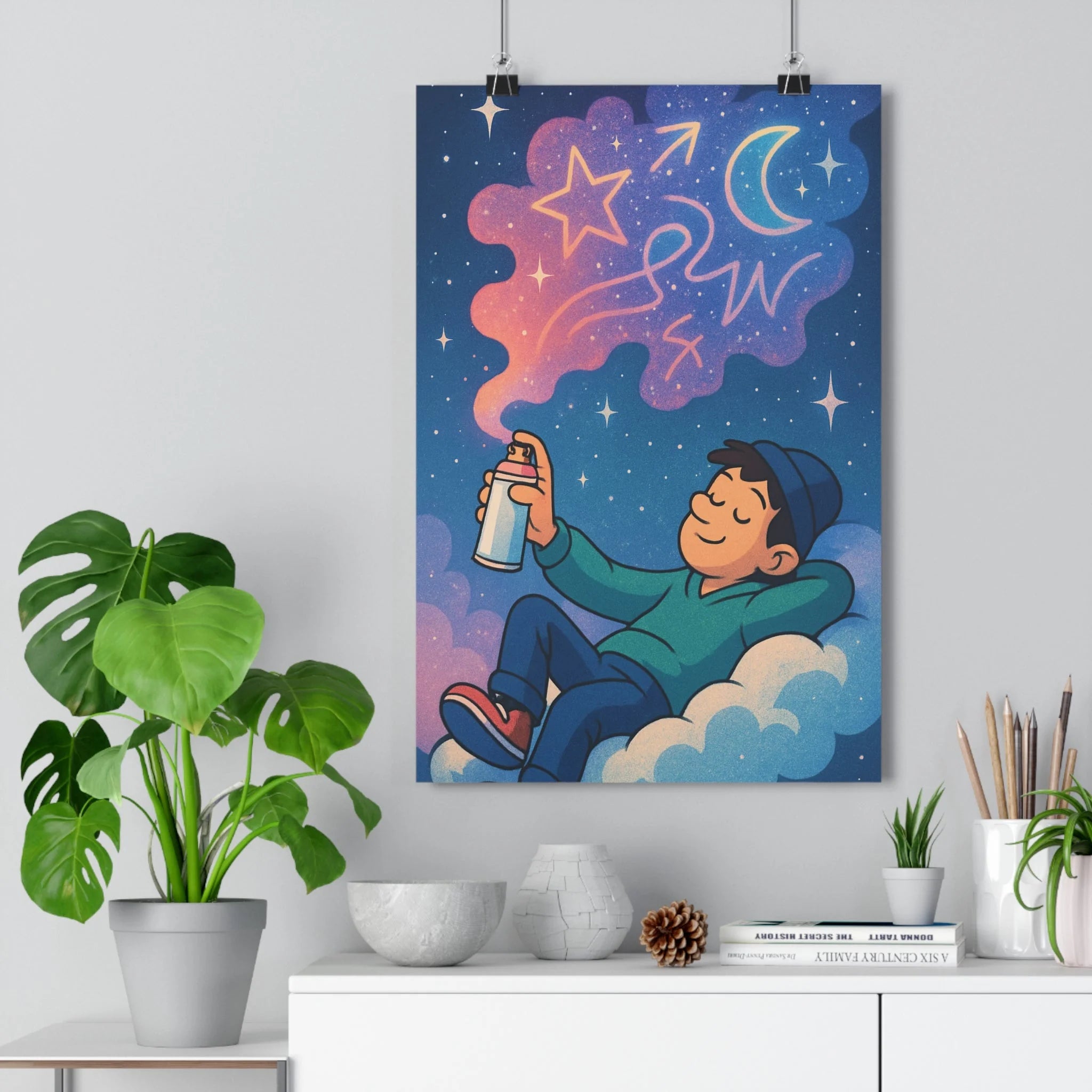 Poster décoratif cartoon bleu rose rêveur enfant chambre artistique créatif apaisant onirique nuage étoilé