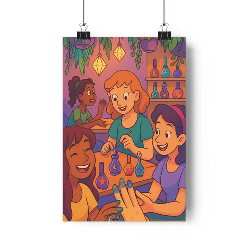 Poster décoratif cartoon violet turquoise jaune salon beauté joyeux ludique fantaisiste intérieur coloré ambiance
