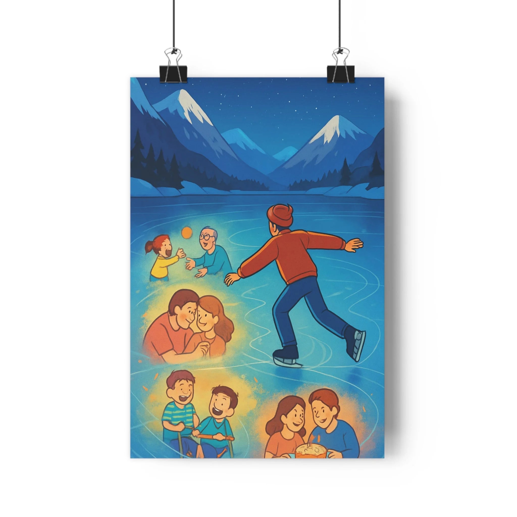 Poster décoratif hiver bleu blanc cartoon poétique chambre salon art mural ambiance chaleureuse patinage