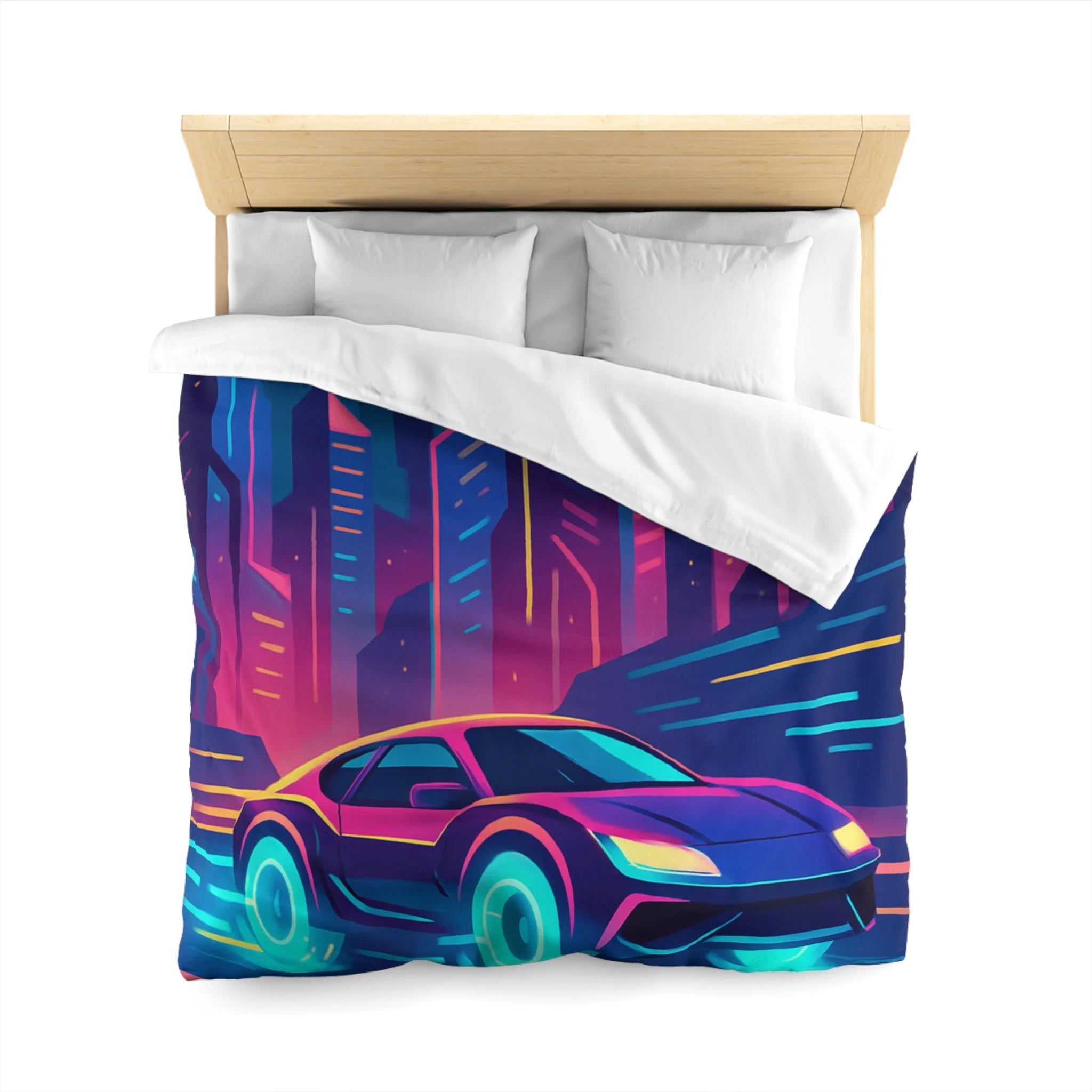 Parure de lit futuriste avec voiture néon sous lune pleine en ville vibrante