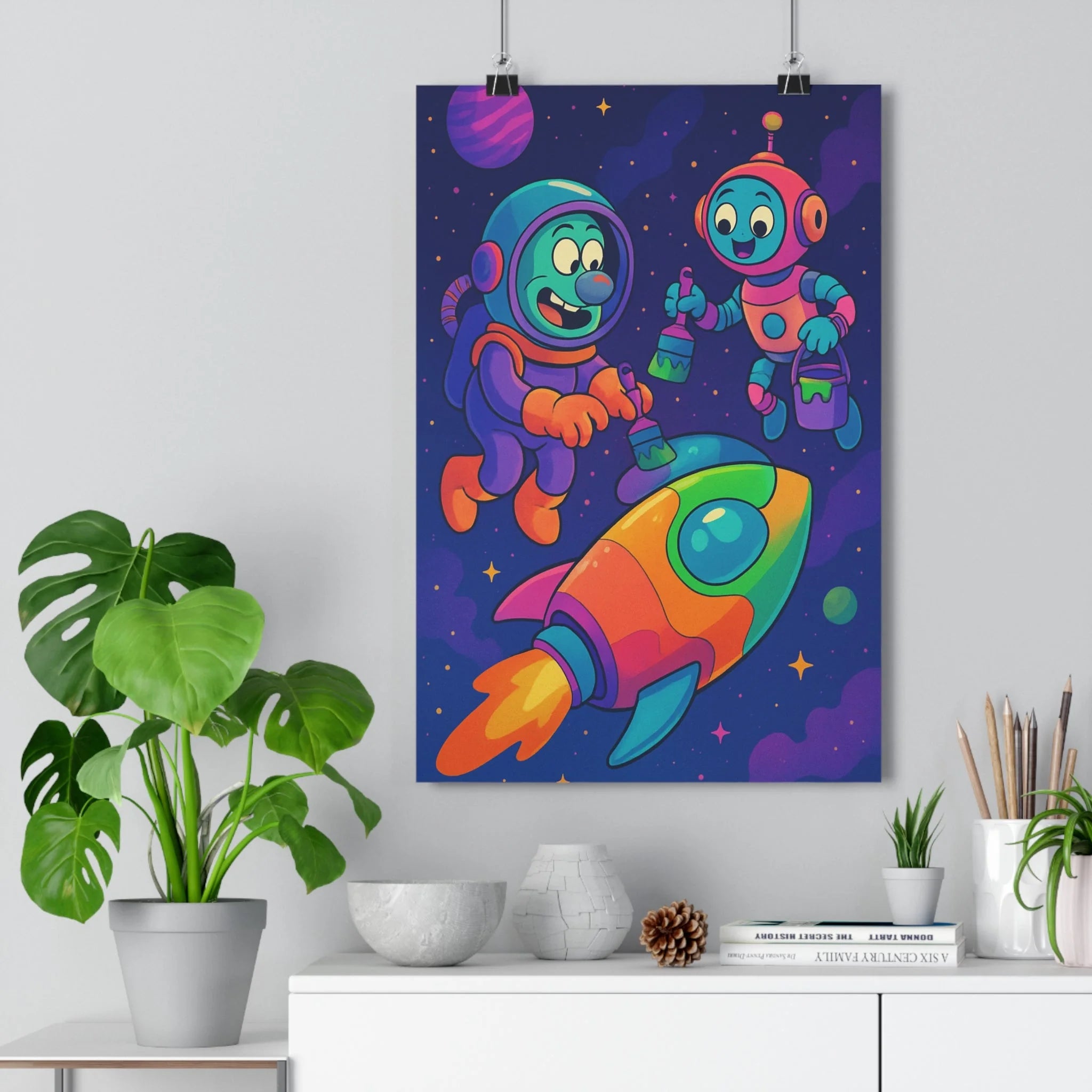 Poster décoratif cartoon galactique bleu vert orange joyeux enfant chambre créatif futuriste espace 30x46