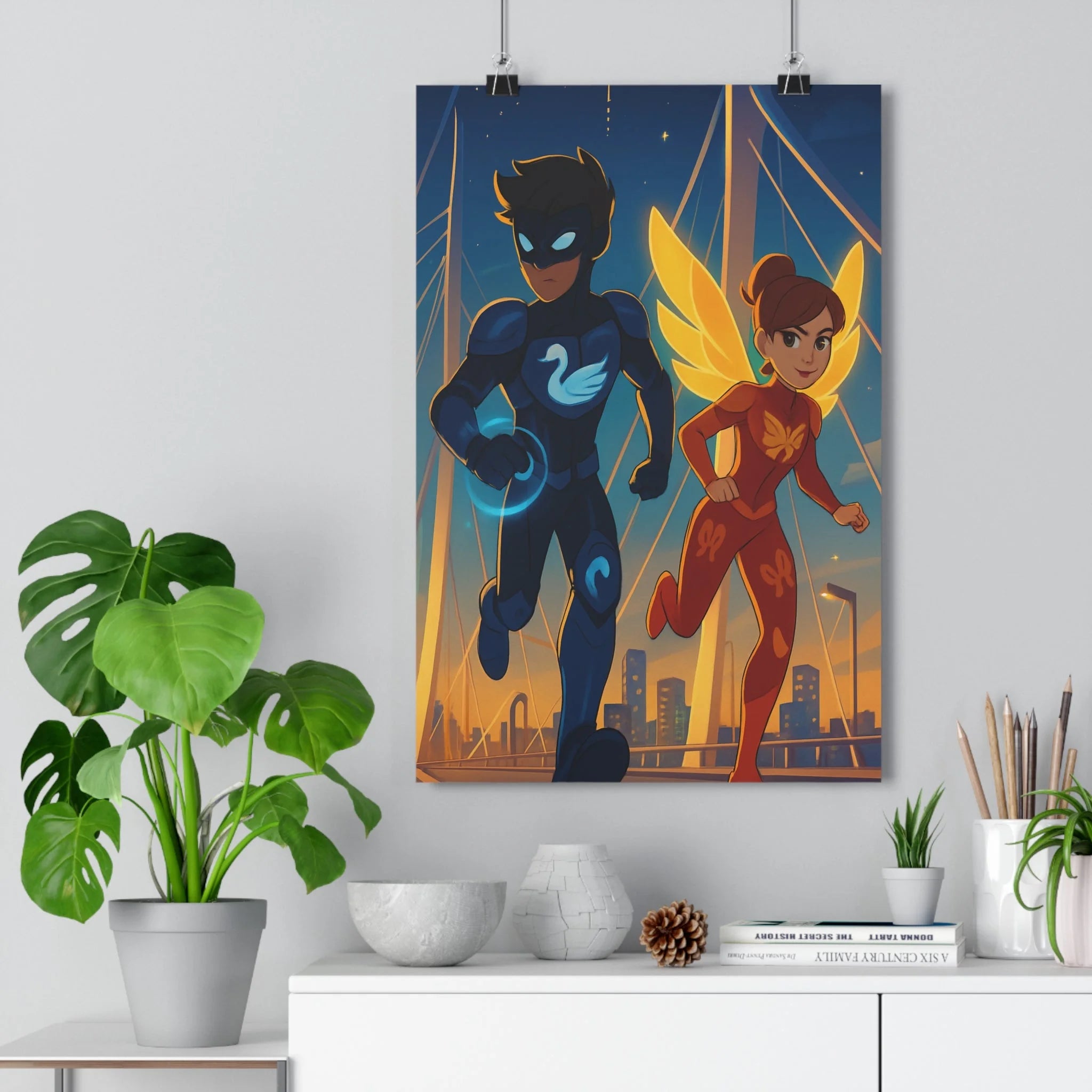 Poster décoratif dynamique bleu rouge jaune enfant héroïque aventure moderne lumineux pont 30x46 chambre