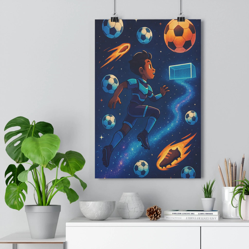 Poster décoratif dessin animé bleu orange chambre football cosmique aventure dynamique enfant garçon format