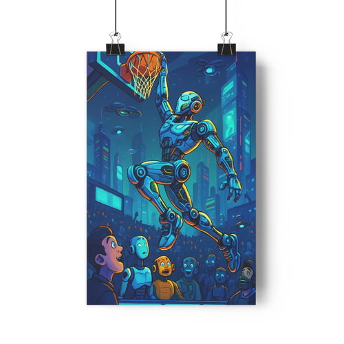 Poster robot dunk basket spectateurs enfants robots ville nocturne gratte-ciels drones bleu doré style moderne futuriste lignes nettes ambiance dynamique