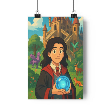 Poster sorcier robe cravate orb bleue château tours escaliers foret animaux créatures volantes ambiance fantastique couleur vive style cartoon chambre