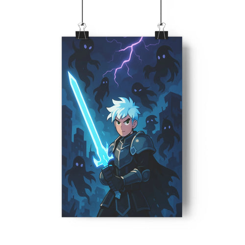 Poster guerrier armure epée lumineuse fantômes ciel nocturne éclairs violacés bâtiments effondrés ambiance mystérieuse intense style cartoon couleurs bleu violet