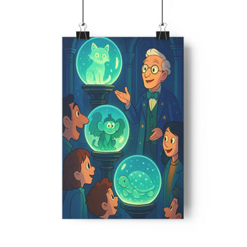 Poster fantastique enfants attentifs homme sage boules verre créatures mystérieuses tortue oiseau chat murs bleus arches gothiques ambiance captivante chambre