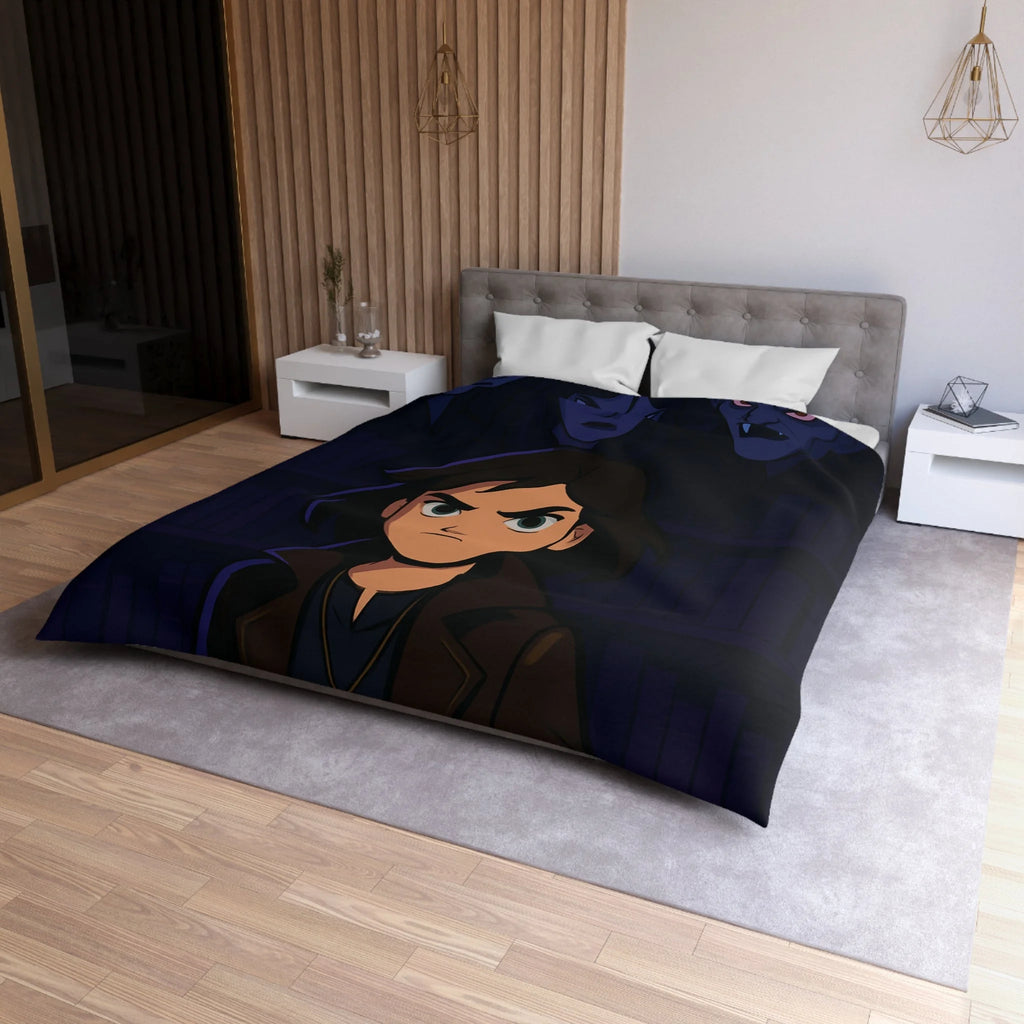 Housse de couette mystérieuse avec personnage sombre et biblio-thème style graphique