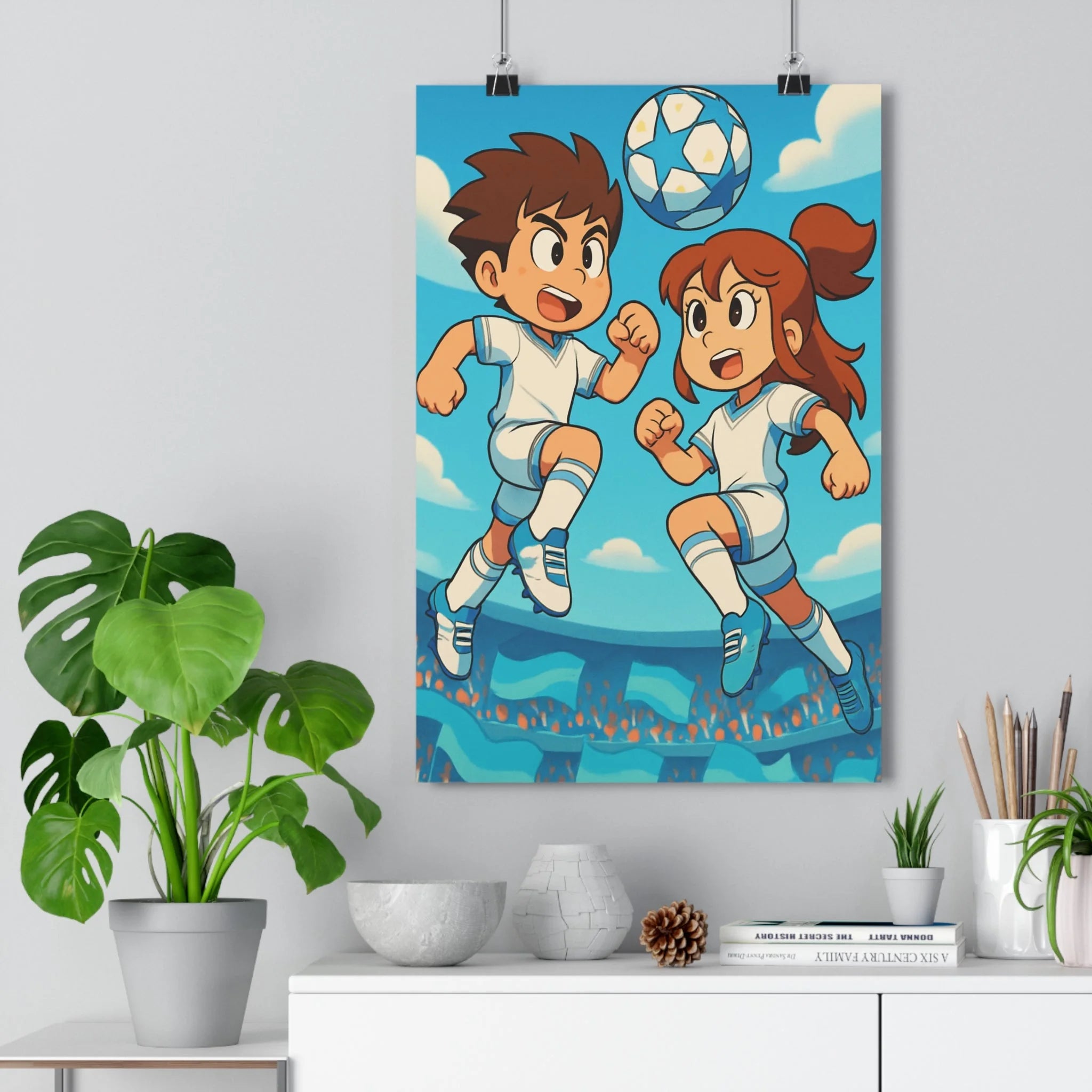 Poster décoratif dynamique football enfants coloré blanc bleu moderne chambre salon sport énergie jeunes