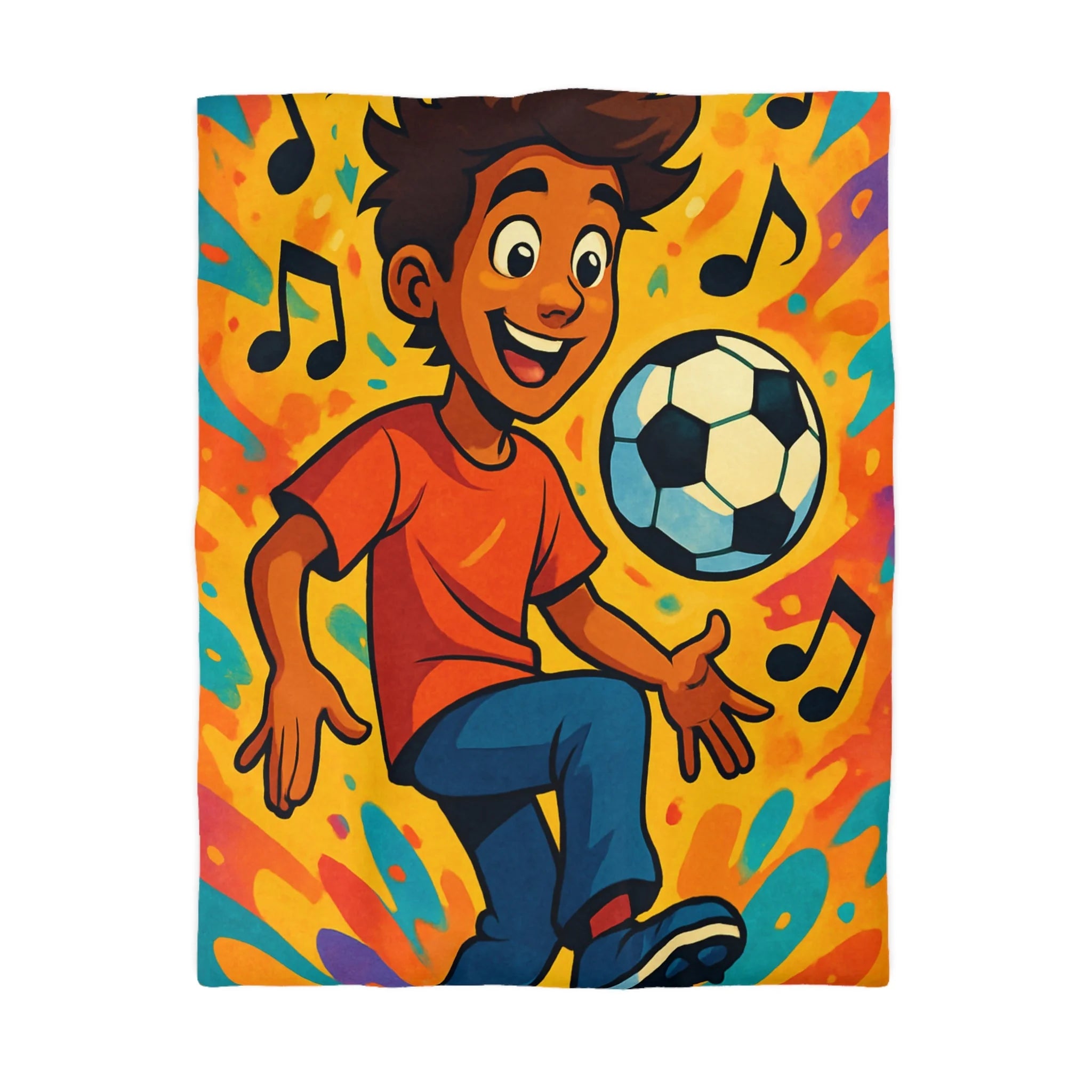Housse de Couette Sport Jeune Garçon Jouant au Football avec Notes Musicales