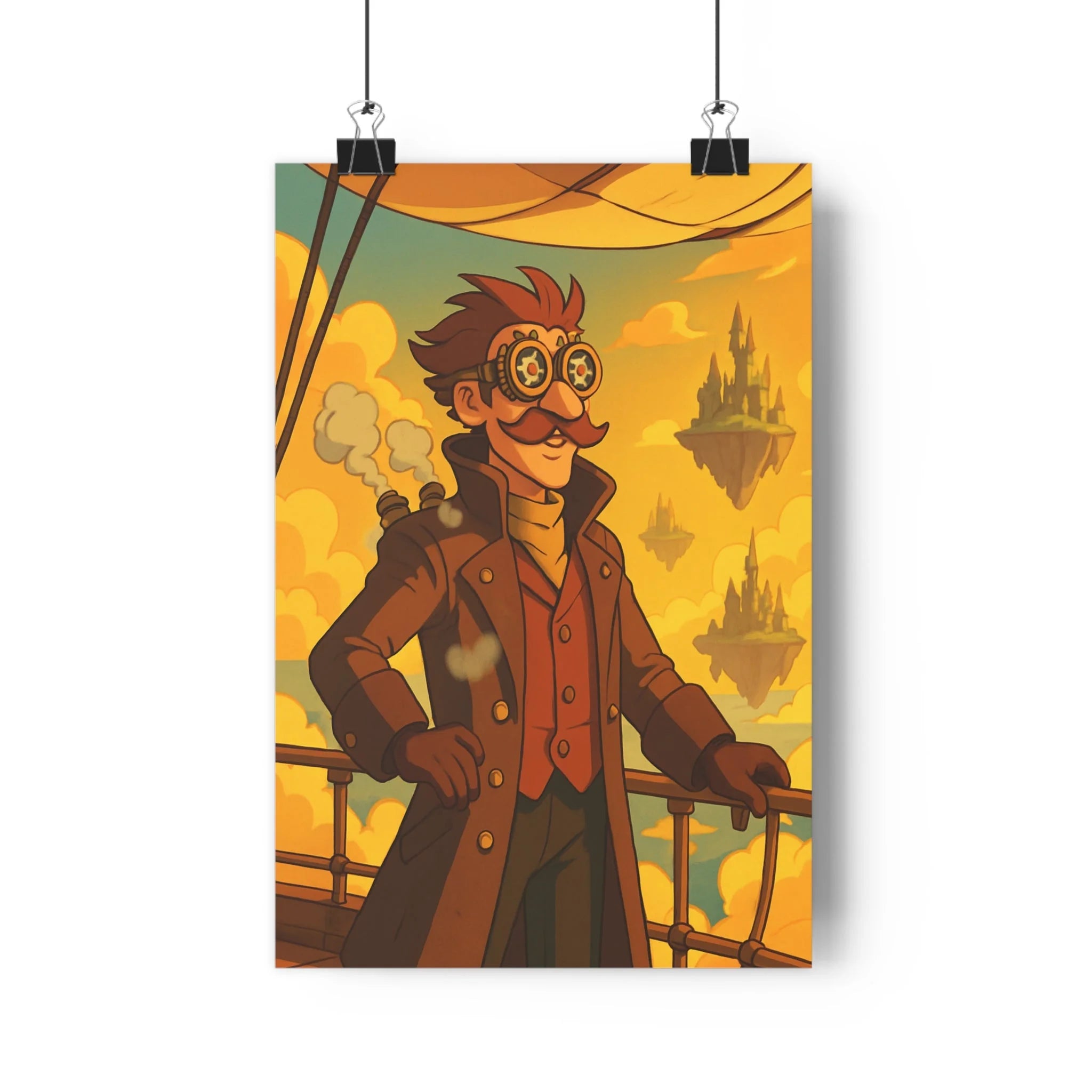 Poster décoratif steampunk vintage jaune orange aventure aérienne salon chambre bureau rétrofuturiste unique qualité