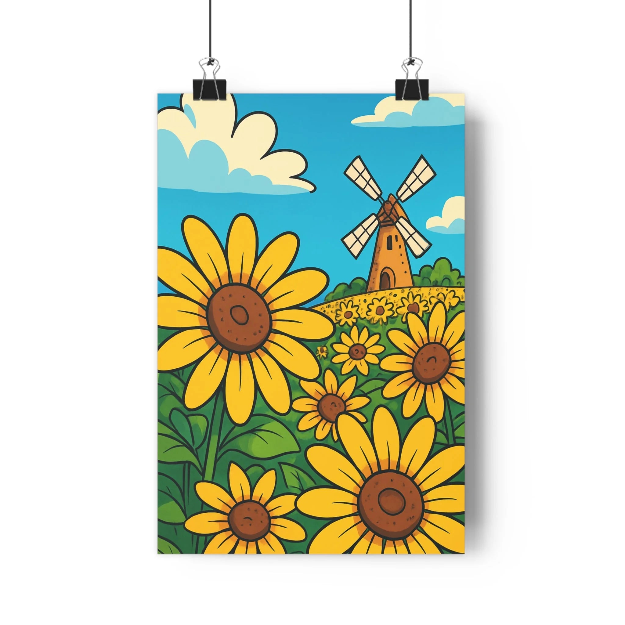 Poster décoratif cartoon paysage enchanteur tournesols ciel bleu joyeux salon chambre rustique élégant qualité