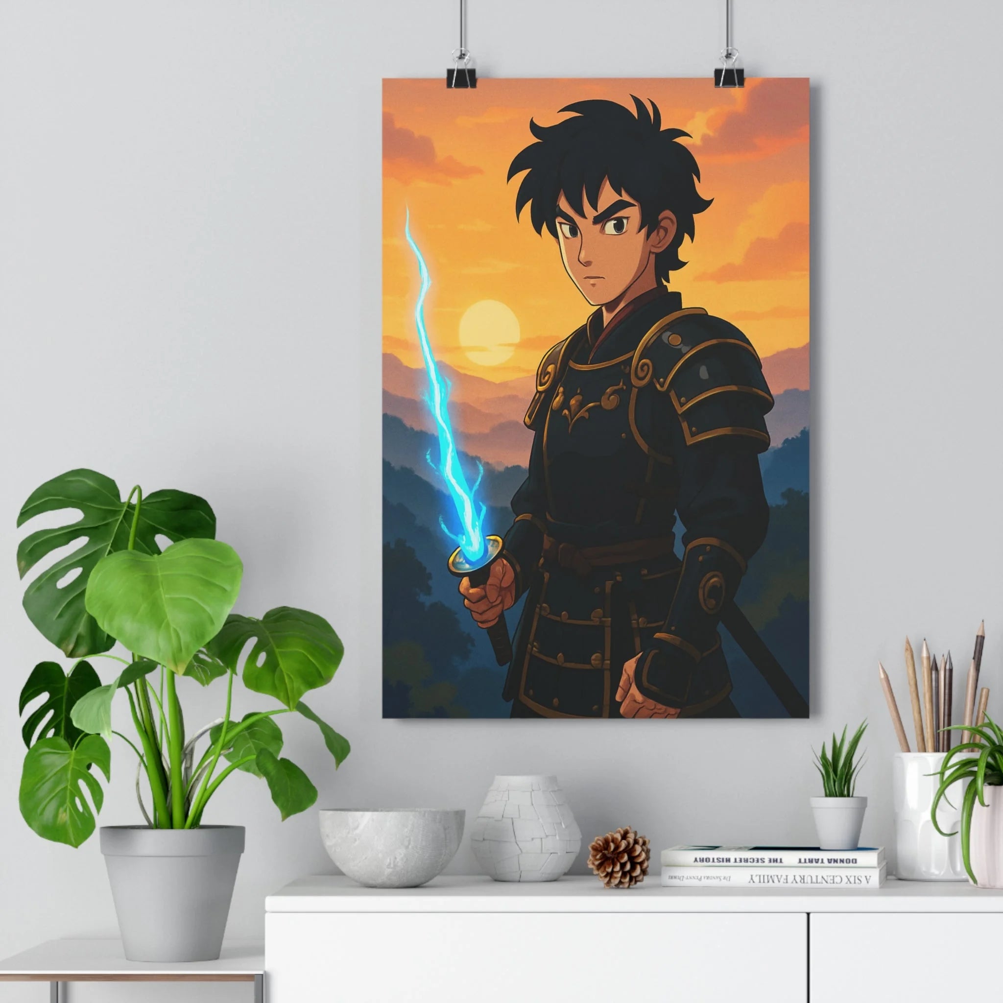 Poster décoratif anime épique personnage sombre épée lumineuse bleu orange vibrant chambre bureau 30x46