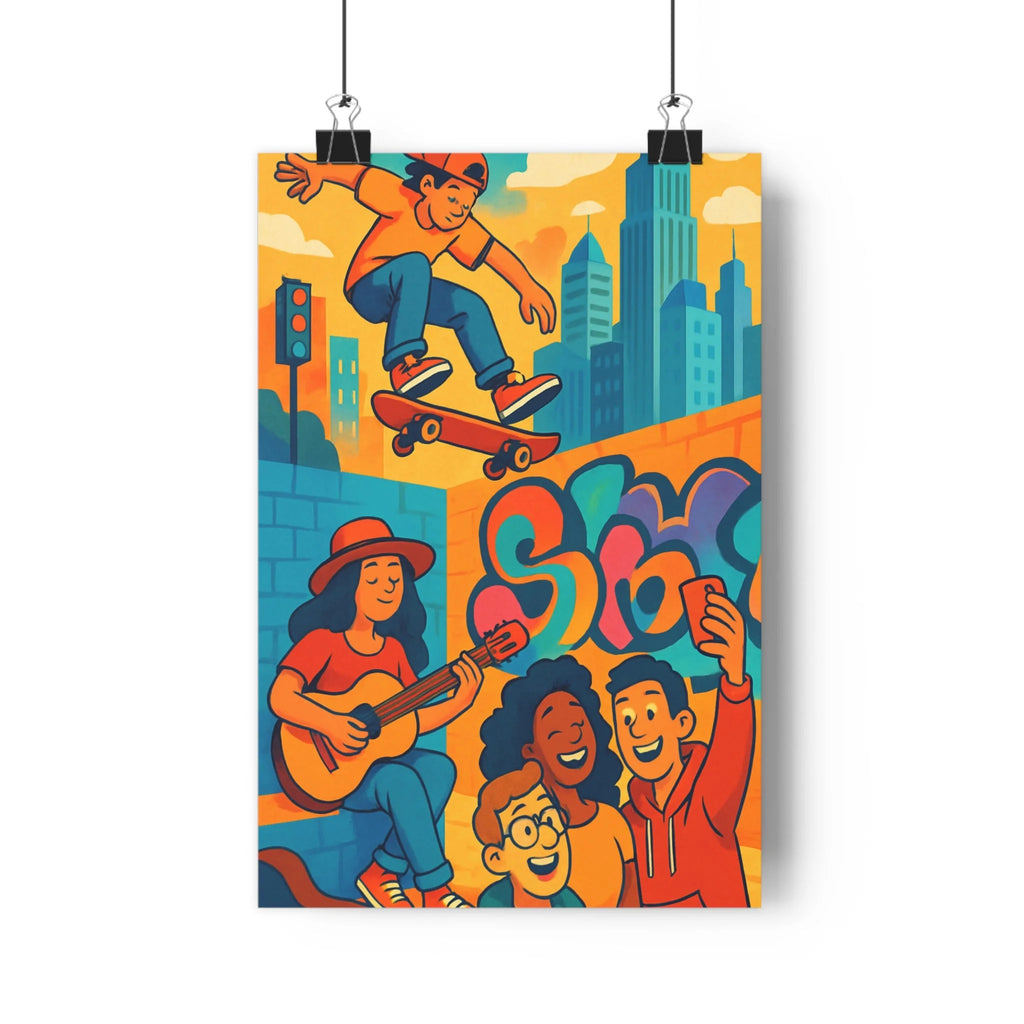 Poster décoratif aventure urbaine skateur anime moderne orange bleu dynamique salon chambre 30x46 cm