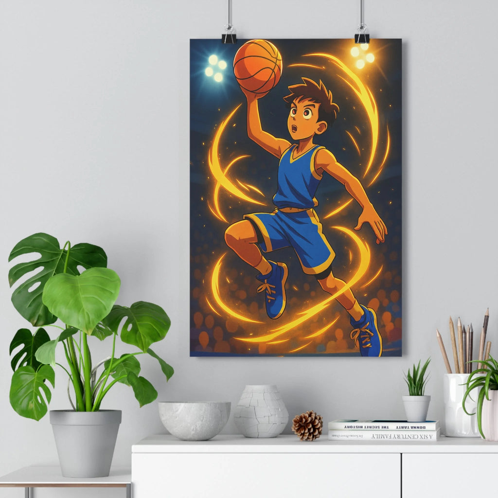 Poster décoratif joueur basketball saut bleu orange cartoon dynamique chambre enfant format moderne énergie