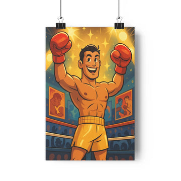 Poster boxeur souriant gants levés short jaune ceinture noire ring boxe affiches mur lumière dorée meuble blanc livres vases cône