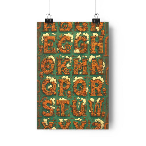 Poster alphabet stylisé lettres capitales bulles savon plante verte étagère objets livre vase pin couleur vert orange ambiance vintage ludique
