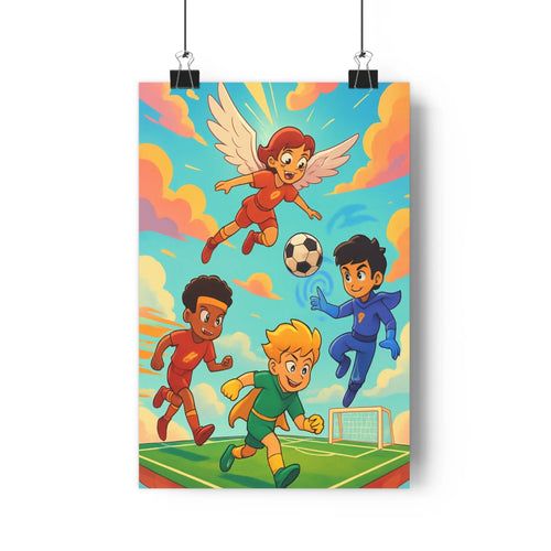 Poster football ange personnages rouge vert bleu nuages orange mur blanc plantes vases livres ambiance joyeuse cartoon expressions faciles