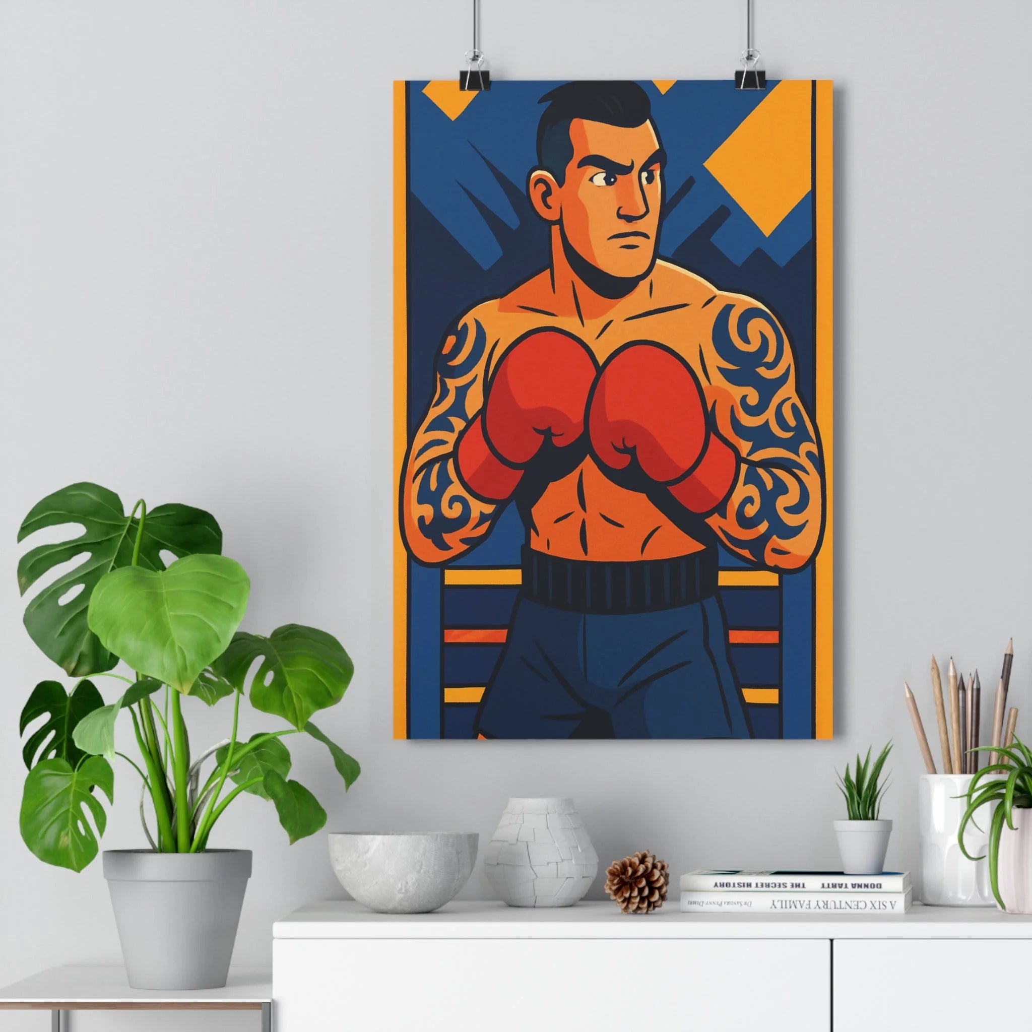 Poster décoratif anime boxeur puissant bleu orange épique musclé sportif bureau salle 30x46 vibrant