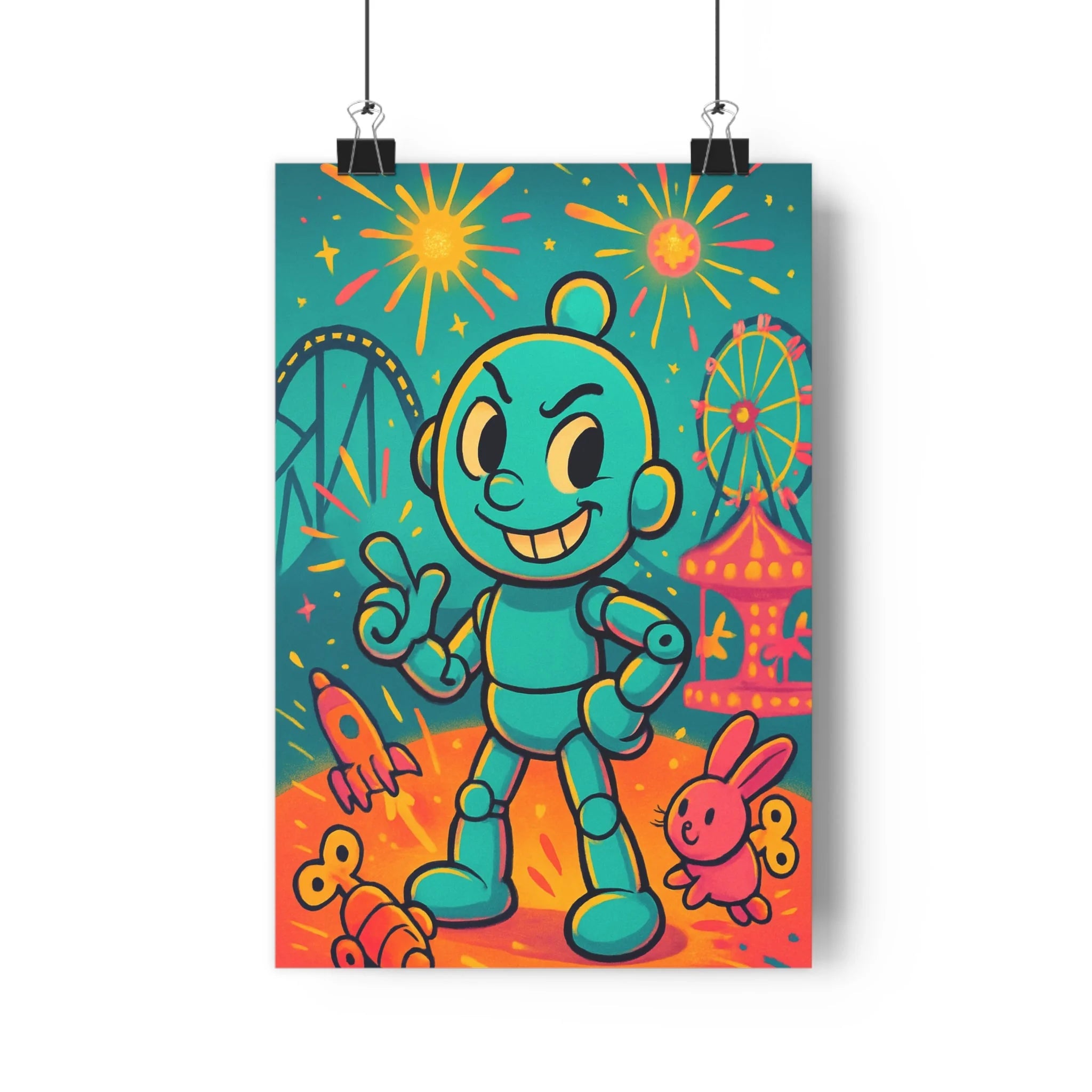 Poster décoratif vintage jeu robot jouet bleu orange rose chambre enfant joyeux 30x46 cm