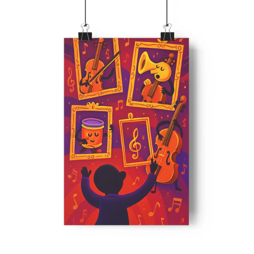 Poster enfant musicien cadres instruments notes musique festive cartoon rouge ambiance créative salon chambre