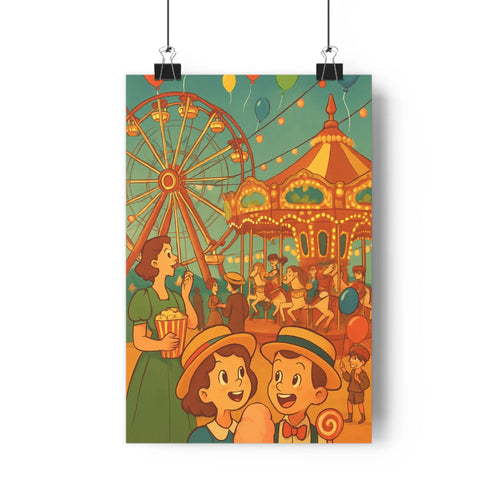 Poster festif cartoon carrousel grande roue enfants glace bonbon ballons colorés ambiance joyeuse décor rétro vert rouge vintage